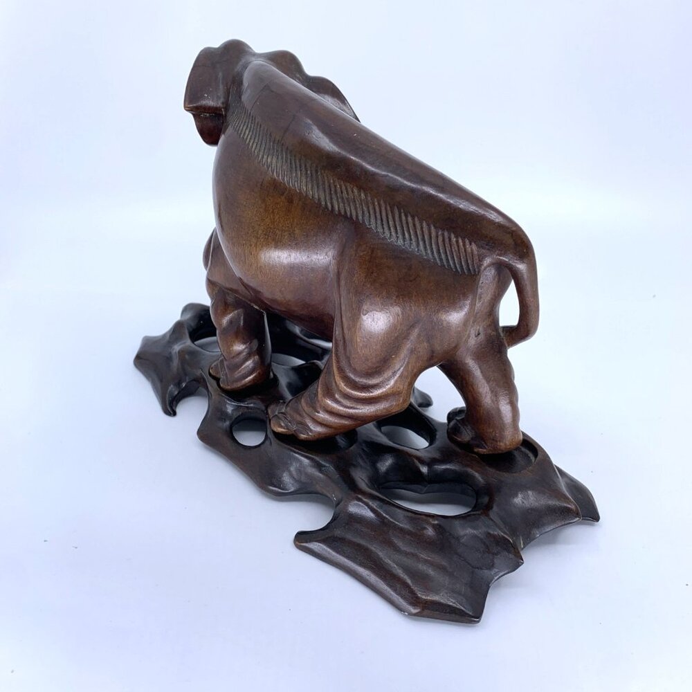 Vintage Thai Hand Carved Teak Wood Elephant Statue w Carved Base 6.5" Hard Wood - Picture 6 of 15